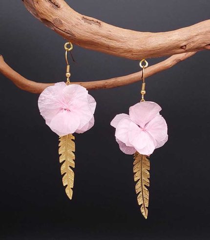 boucles-oreilles-douce-plume-acier inoxydable -dore-fleur-rose