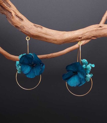 Gravitation florale bijoux mariage ,boucles oreilles rondes fleurs éternelles et acier inoxydable, créoles grandes fleurs d'hortensia stabilisé, bleu canard et bleu turquoise