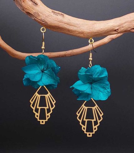 Boucles d'oreilles art déco originales, bijoux artisanaux, acier inoxydable doré et fleurs stabilisées éternelles vert canard